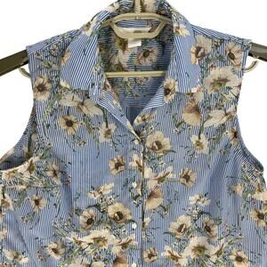 HM Blouse Size 8 Blue White Floral All Over Print Sleeveless Button Up Preppy